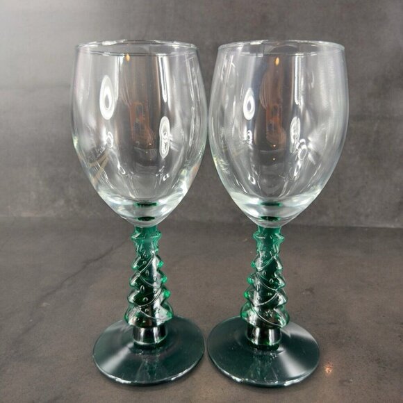Libbey Green Christmas Tree Stem Water Goblet Wine Glass Crystal Cup Set Of 2 - Picture 15 of 15